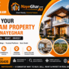 NayeGhar.com real estate banner featuring property buying, selling, renting, and investment services with modern home imagery, AI-powered property solutions, and contact number 9321605435.