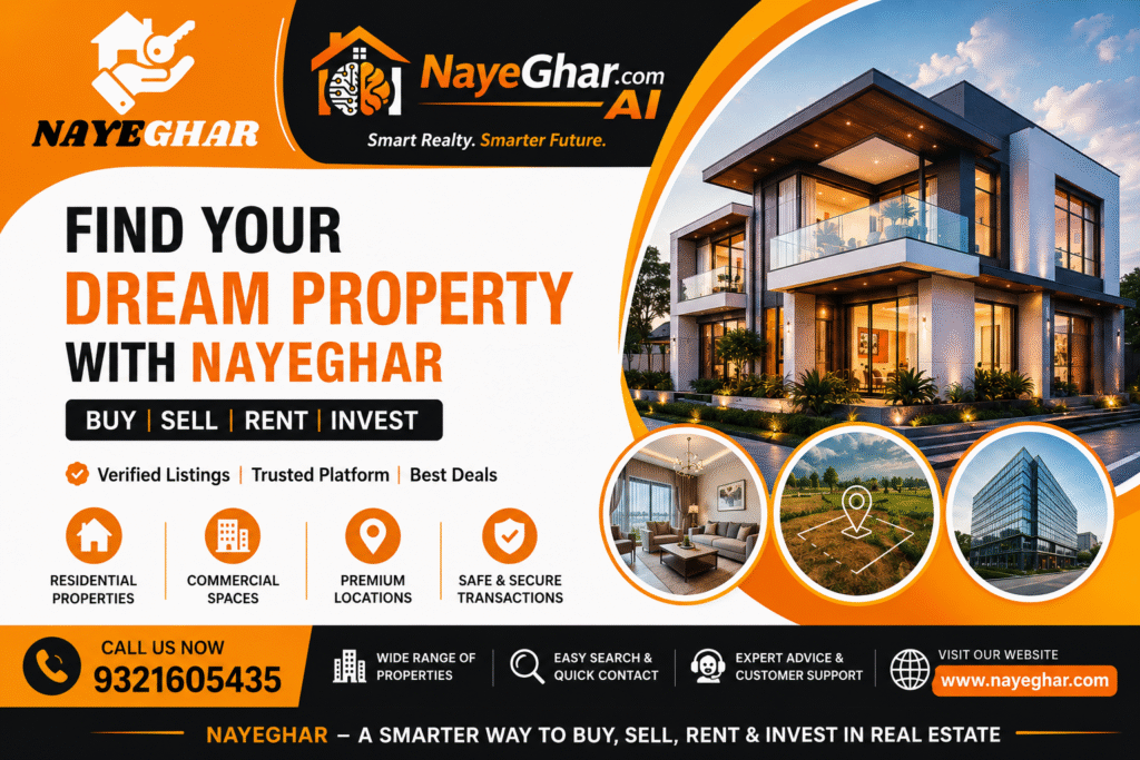 NayeGhar.com real estate banner featuring property buying, selling, renting, and investment services with modern home imagery, AI-powered property solutions, and contact number 9321605435.