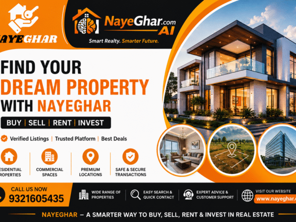 NayeGhar.com real estate banner featuring property buying, selling, renting, and investment services with modern home imagery, AI-powered property solutions, and contact number 9321605435.