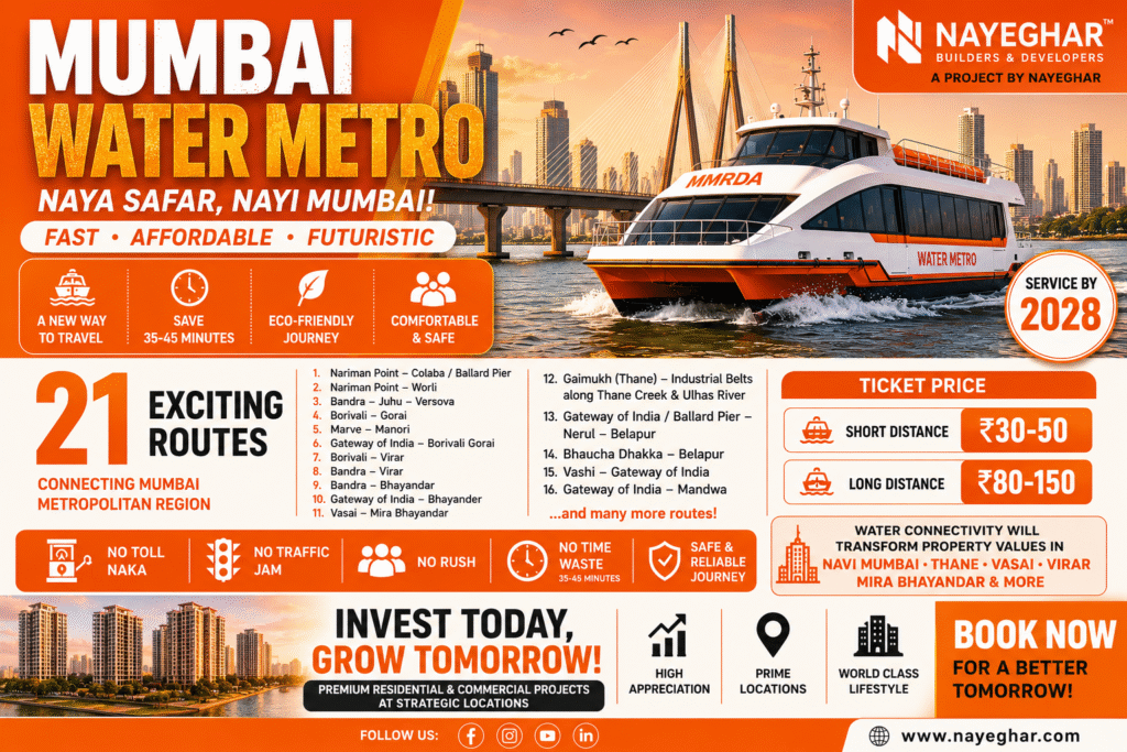 Explore Mumbai Water Metro Project 2028 including routes, ticket prices, benefits, connectivity, and its impact on Mumbai and Navi Mumbai real estate market.