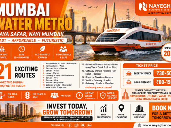 Explore Mumbai Water Metro Project 2028 including routes, ticket prices, benefits, connectivity, and its impact on Mumbai and Navi Mumbai real estate market.